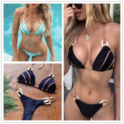 Cross-border Swimsuit 2025 New AliExpress Amazon Solid Color Strap Bikini European and American Sexy Swimwear