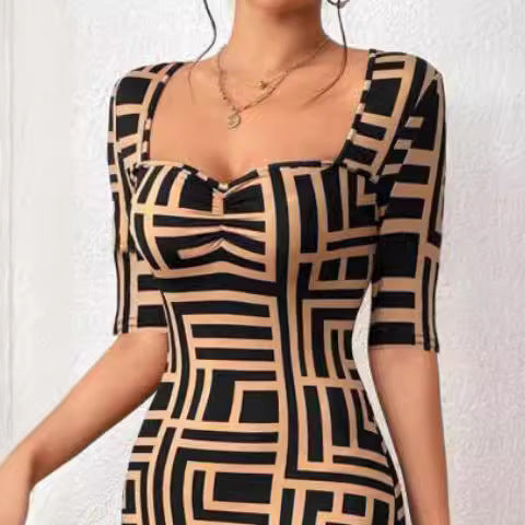 New Fashion Printed Square Collar Waist-tight Mid-sleeve Dress