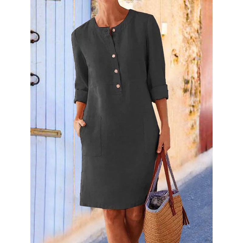 2023 cross-border spring new Amazon AliExpress hot style large size women's clothing cotton and linen round neck long-sleeved dress