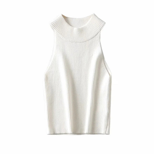 Aproms Vintage High Neck Ribbed Knitted Tank Tops Female Summer Casual White Solid Stretch Crop Top for Women Clothing