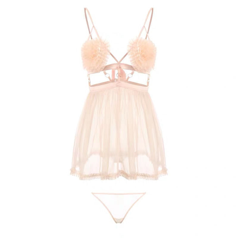 High-End Sexy See-Through Mesh Hollow Sexy Lingerie Peach Heart