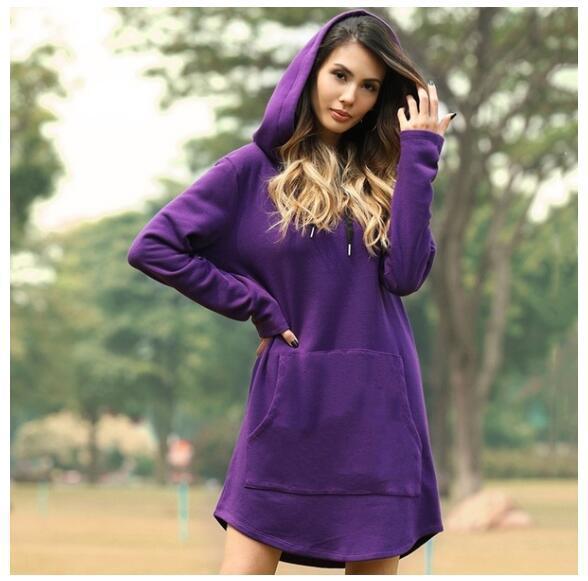 Solid color pocket long sleeve hoodie dress