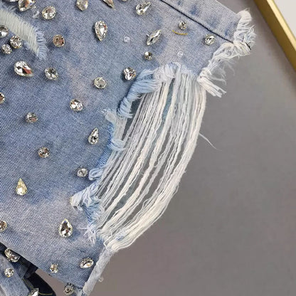 Short en jean à jambe large avec trous tendance pour femme