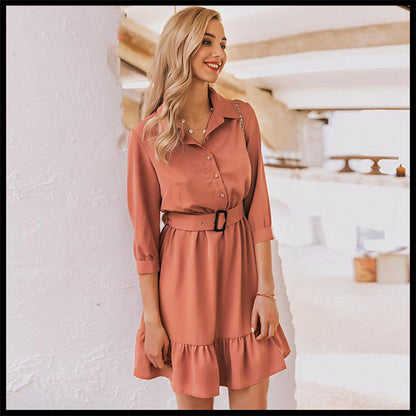 3/4 sleeve belt skirt ruffled retro style slim dress