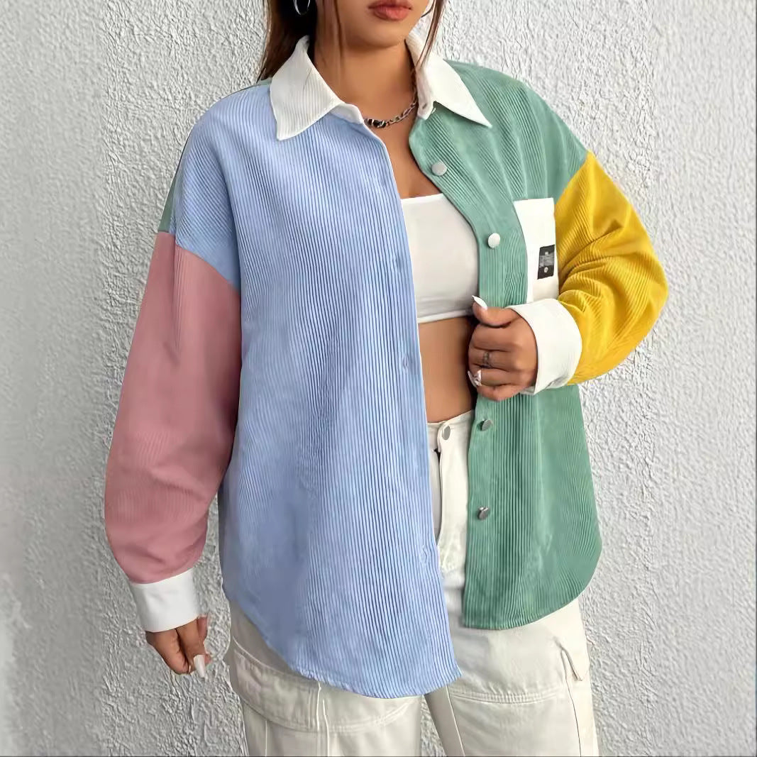 Corduroy Color Contrast Patchwork Loose Thin Versatile Casual Coat Cardigan Shirt