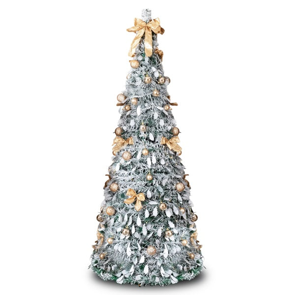 6 FT Snow Flocked Pre-lit Artificial Pop Up Christmas Tree With 100 Warm Lights And Golden Ornaments For Home Office Store Holiday Deco, Snowy Green