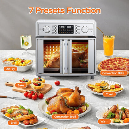 29.5QT French Door Air Fryer Toaster Oven Combo, 14 Presets, Digital Control, Stainless Steel, For Baking, Roasting, Includes Accessories,Silver