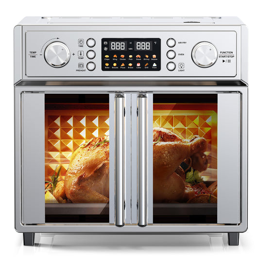 29.5QT French Door Air Fryer Toaster Oven Combo, 14 Presets, Digital Control, Stainless Steel, For Baking, Roasting, Includes Accessories,Silver