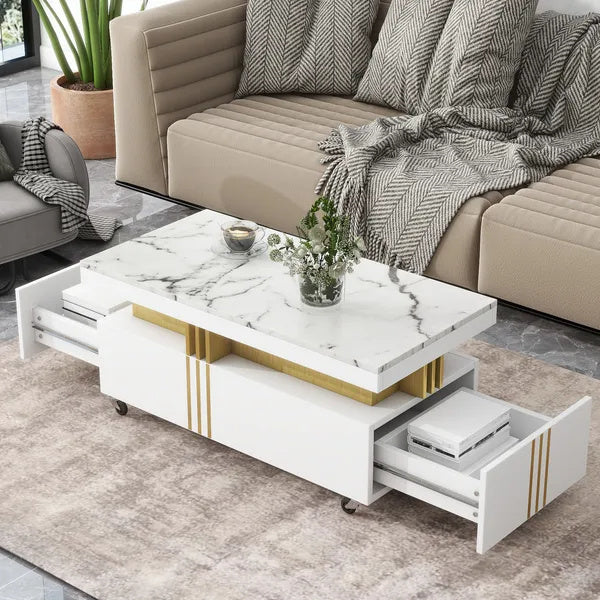 Coffee Table With Faux Marble Top, Rectangle Cocktail Table With Caster Wheels, Moderate Luxury Center Table With Gold Metal Bars For Living Room, White