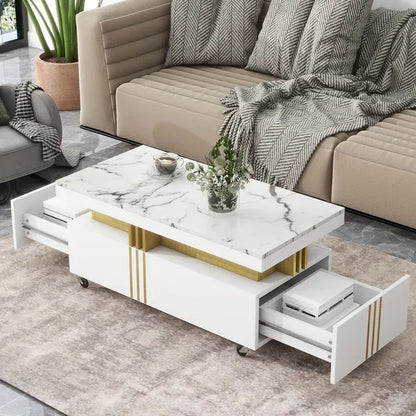 Coffee Table With Faux Marble Top, Rectangle Cocktail Table With Caster Wheels, Moderate Luxury Center Table With Gold Metal Bars For Living Room, White