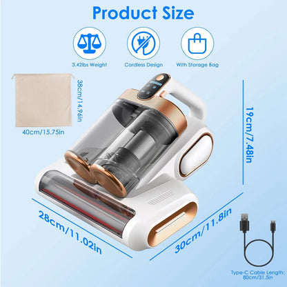1Pc Mattress Vacuum Cleaner 16Kpa Bed Vacuum Cleaner Handheld Vacuums With Ultrasonic & UVC Light 18000 RPM Brushroll Rotation Dual Dust Bins Washable Filters For Bed Pillows Cribs Sofa