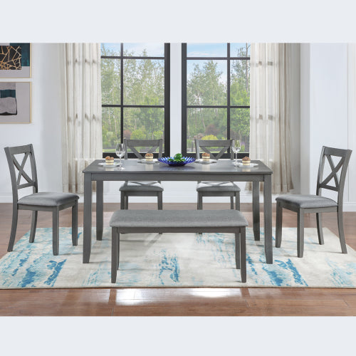 6 Piece Kitchen Dining Set, Rectangular Wooden Dining Table With 4 Upholstered Chairs And A Bench, Dining Table Set For 6 People, Living Room, Home Bar And Kitchen, Gray
