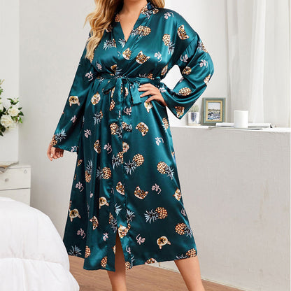 Long Robes For Women Flower Print Bathrobe V-neck Silk Sleepwear