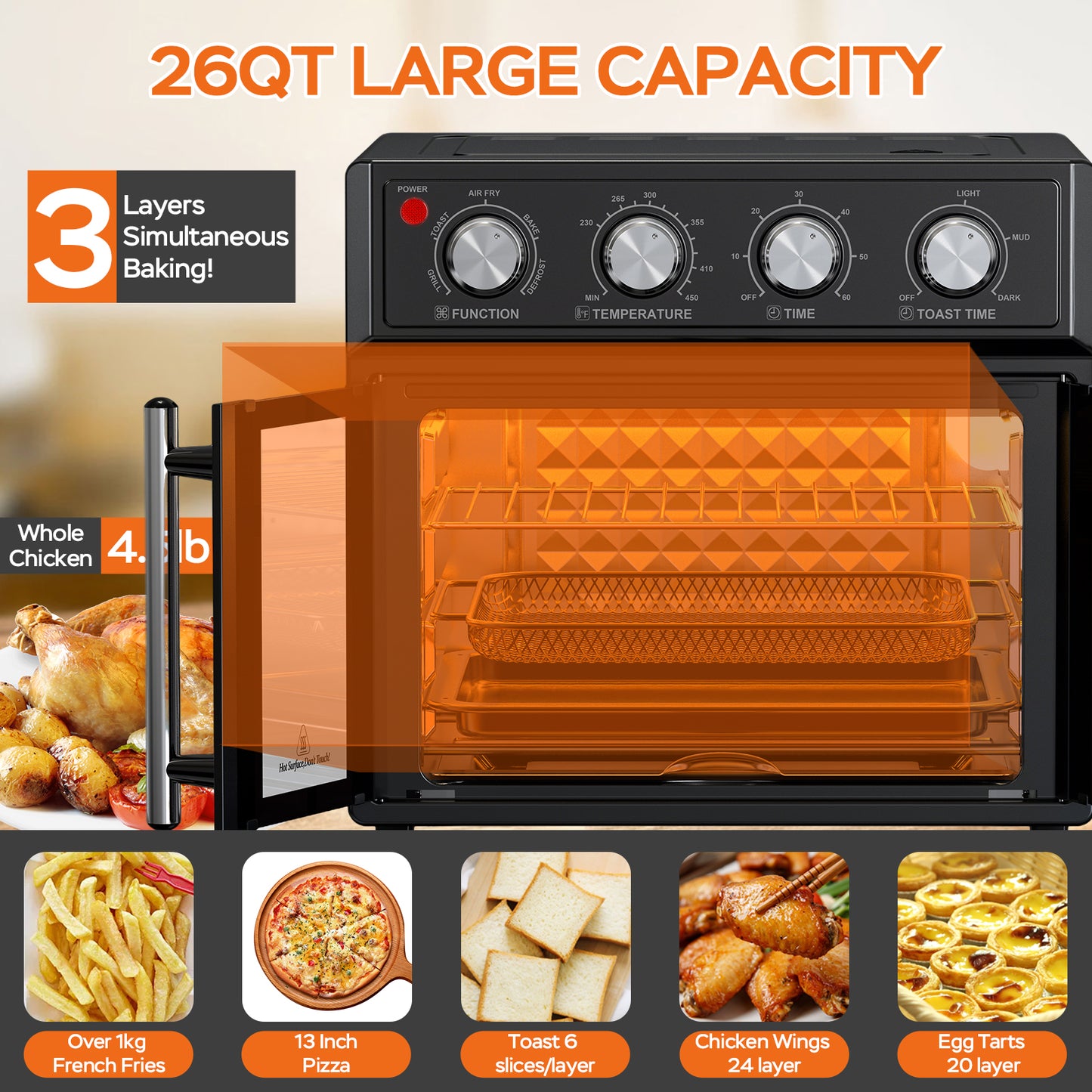 29.5 QT Air Fryer Convection Toaster Oven, French Door, 6 Slices, 1700W, Multifunction Oven, Air Fryer, Toast, Grill, Defrost, Bake, Time And Temperature Controls, Black