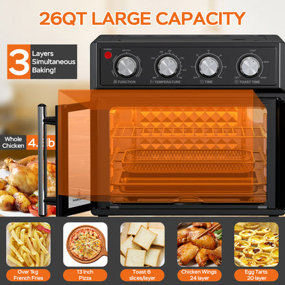 29.5 QT Air Fryer Convection Toaster Oven, French Door, 6 Slices, 1700W, Multifunction Oven, Air Fryer, Toast, Grill, Defrost, Bake, Time And Temperature Controls, Black