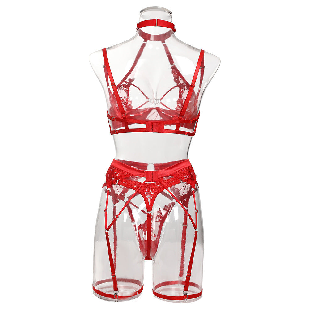 Love Drill Buckle Sexy Cutout Embroidered Sexy Lingerie Suit