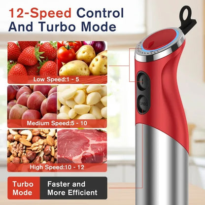 5 In 1 Immersion Blender Handheld 12 Speed Mode Hand Blender, Stainless Steel Blade With Mixing Beaker,