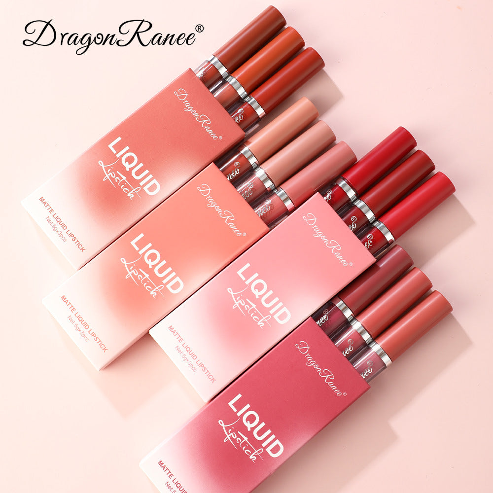 Cross-border makeup 3-color matte lip glaze set matte waterproof non-stick cup air velvet lip gloss lipstick set box