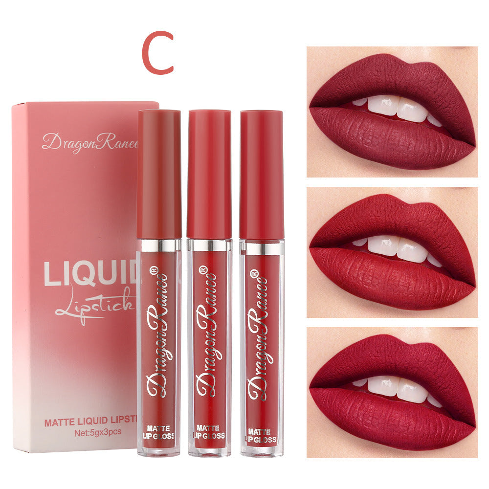 Cross-border makeup 3-color matte lip glaze set matte waterproof non-stick cup air velvet lip gloss lipstick set box