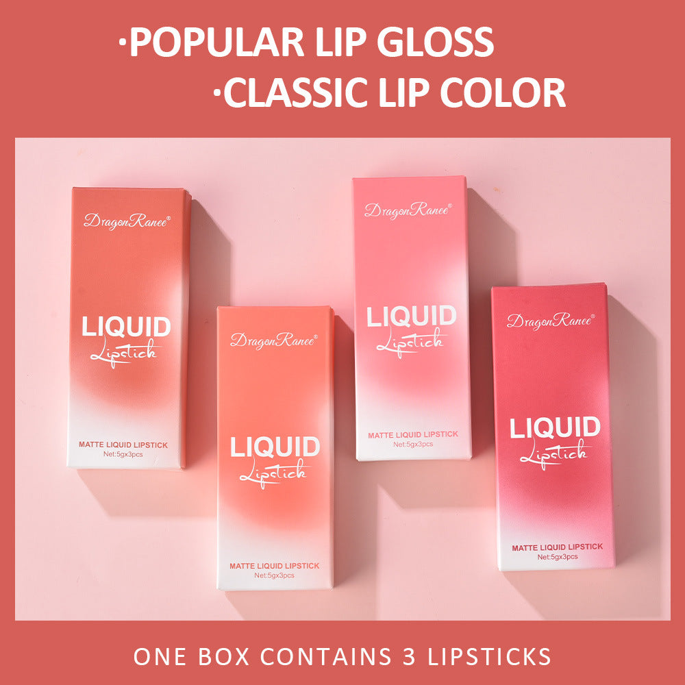 Cross-border makeup 3-color matte lip glaze set matte waterproof non-stick cup air velvet lip gloss lipstick set box