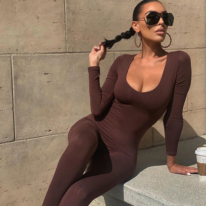 European and American foreign trade 2022 spring and autumn women's clothing new low-neck tight-fitting long-sleeved high-waist solid color sports fitness jumpsuit