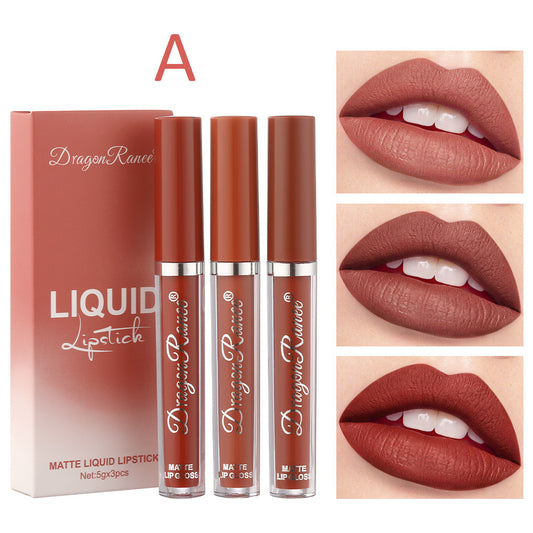 Cross-border makeup 3-color matte lip glaze set matte waterproof non-stick cup air velvet lip gloss lipstick set box