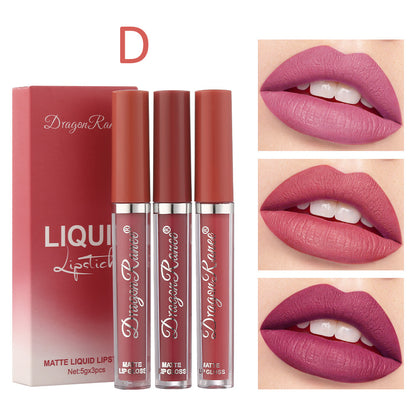 Cross-border makeup 3-color matte lip glaze set matte waterproof non-stick cup air velvet lip gloss lipstick set box