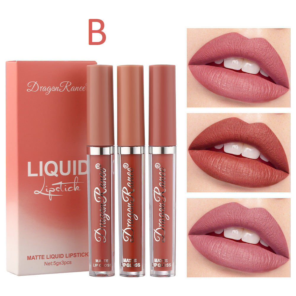 Cross-border makeup 3-color matte lip glaze set matte waterproof non-stick cup air velvet lip gloss lipstick set box