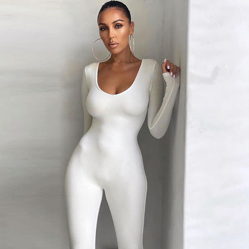 European and American foreign trade 2022 spring and autumn women's clothing new low-neck tight-fitting long-sleeved high-waist solid color sports fitness jumpsuit