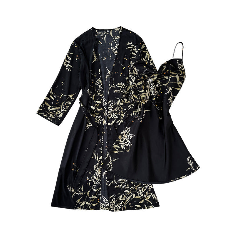 Printed Ice Silk Sling Nightgown Suit