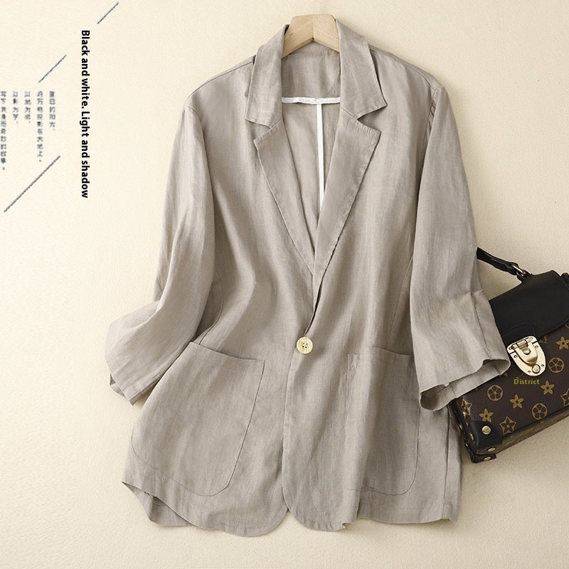 Cotton And Linen Casual 34 Sleeve Short Pure Color Artistic Coat