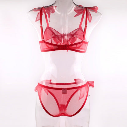 Red Mesh Bra Bow Bandage See-through Sexy Lingerie Set