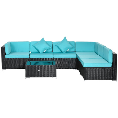 7-Piece Wicker Patio Conversation Set With Cushions & Glass Table, Turquoise