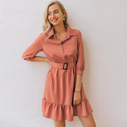 3/4 sleeve belt skirt ruffled retro style slim dress