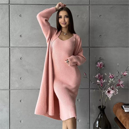 2pcs Knitted Suit Fashion Slim Sleeveless Long Dress And Casual Loose Cardigan Spring Fall Women's Clothing