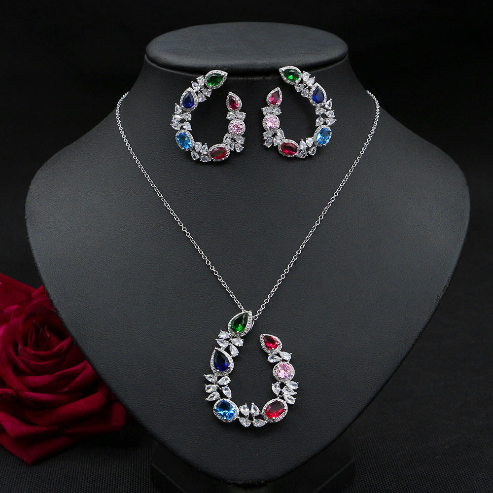 European And American Jewelry Luxury Necklace Set Diamond Zircon Emerald Earrings