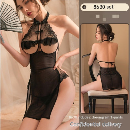 Sexy Lingerie Cutout Lace Seduction Cheongsam Hot Small Chest See-through Uniform Pajamas