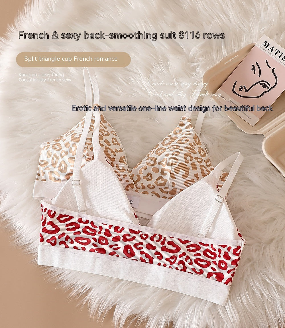 Leopard Print Seamless Wireless Bra Adjustable Shoulder Lingerie Set