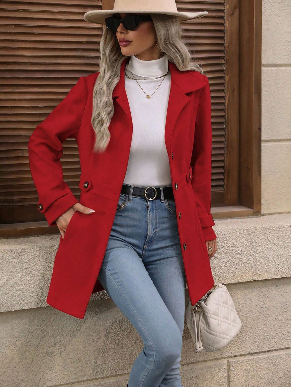 Elegant Single-breasted Woolen Coat Buttons Lapel Mid-length Jacket Temperament Commuter Outwear Clothing For Women