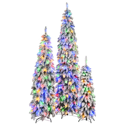 8FT, 6FT, 4FT Pre-Lit Pencil Christmas Trees, 3-set Slim Artificial Christmas Tree With Snow Flocking, Xmas Holiday Decoration Tree, 520 LED Lights