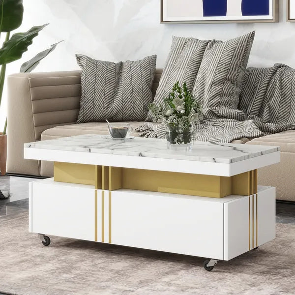 Coffee Table With Faux Marble Top, Rectangle Cocktail Table With Caster Wheels, Moderate Luxury Center Table With Gold Metal Bars For Living Room, White