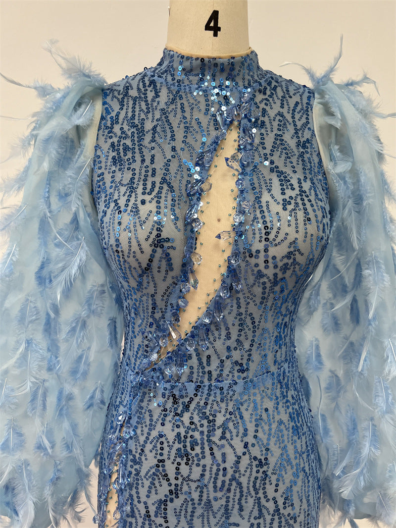 Hollow Gorgeous Feather Sleeve Blue Sequins Dress Light Luxury