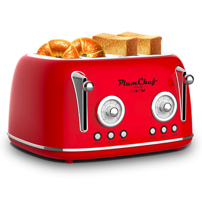 4 Slice Retro Toaster, Dual Control Toaster, Warming Rack, 6 Settings, Bagel, Defrost, Removable Crumb Tray, Stainless Steel Housing, 1650W, Red