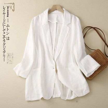 Cotton And Linen Casual 34 Sleeve Short Pure Color Artistic Coat