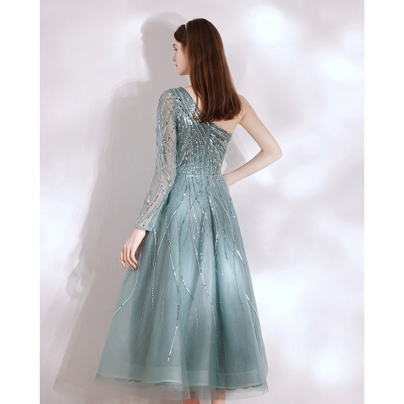 Teal One Shoulder Luxury Beaded Ladies Dress