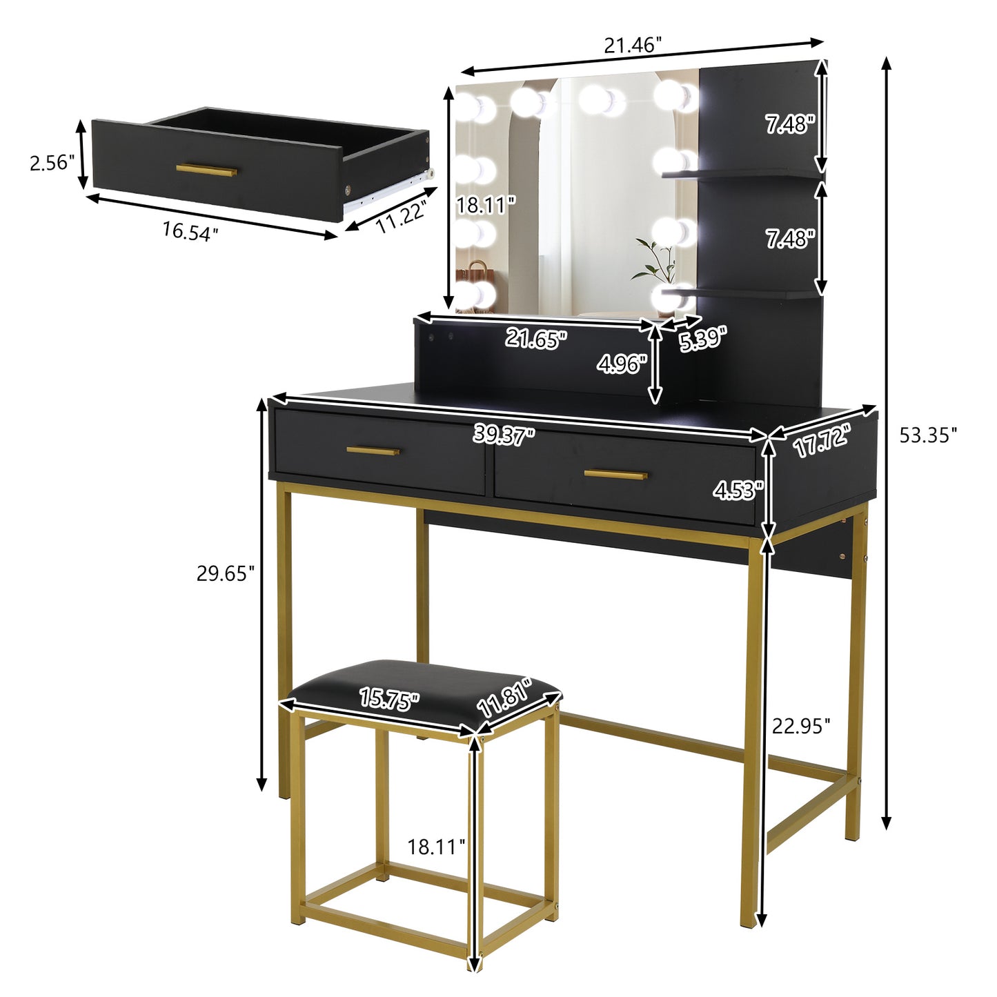 Black, Particleboard, Steel Frame, Two-drawer, Three-tier Shelf, Dressing Table Set, Three-tone Light, Light Luxury