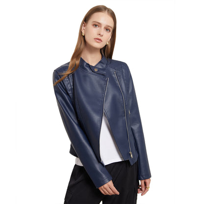 PU Lapel Women Slim-fit Leather Coat Women