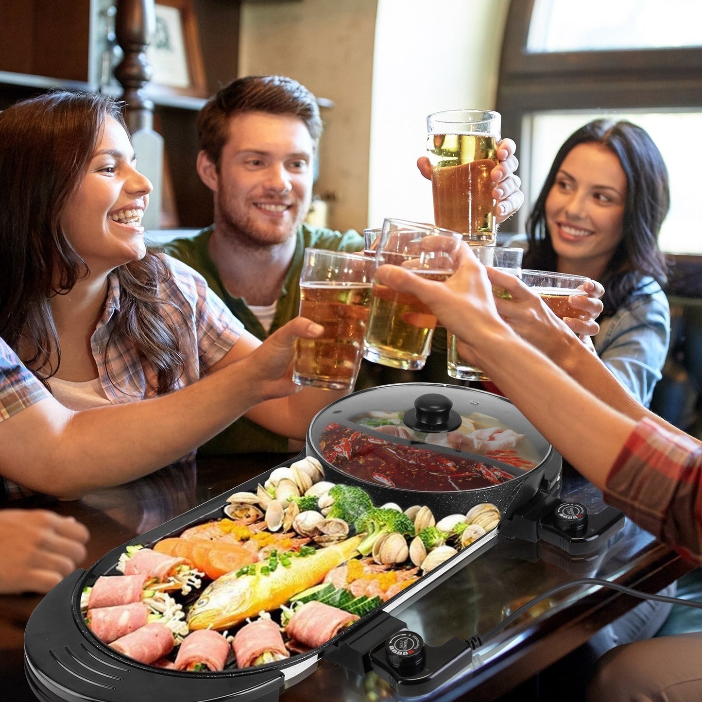 2200W  2 In 1 Electric Hot Pot With BBQ Grill Cooker Smokeless Non-Stick Korean BBQ Grill Shabu Shabu Hot Pot With Independent Temperature Control 5 Gears Firepower For 2-10 People