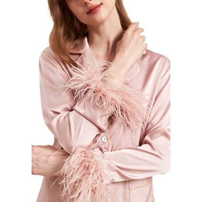 Removable Feather Ice Silk Pajamas Women Ostrich Feather Home Wear Suit