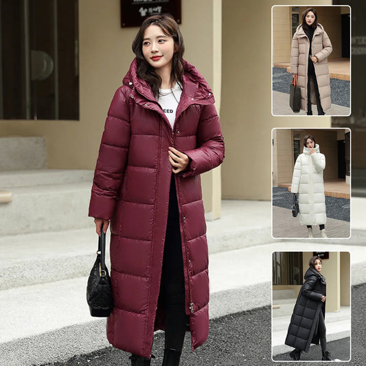 Women's Super Long Down Jacket Winter Puffer Thick Coat Black Red Hooded Zipper Keep Warm Fall Winter Casual Clothes